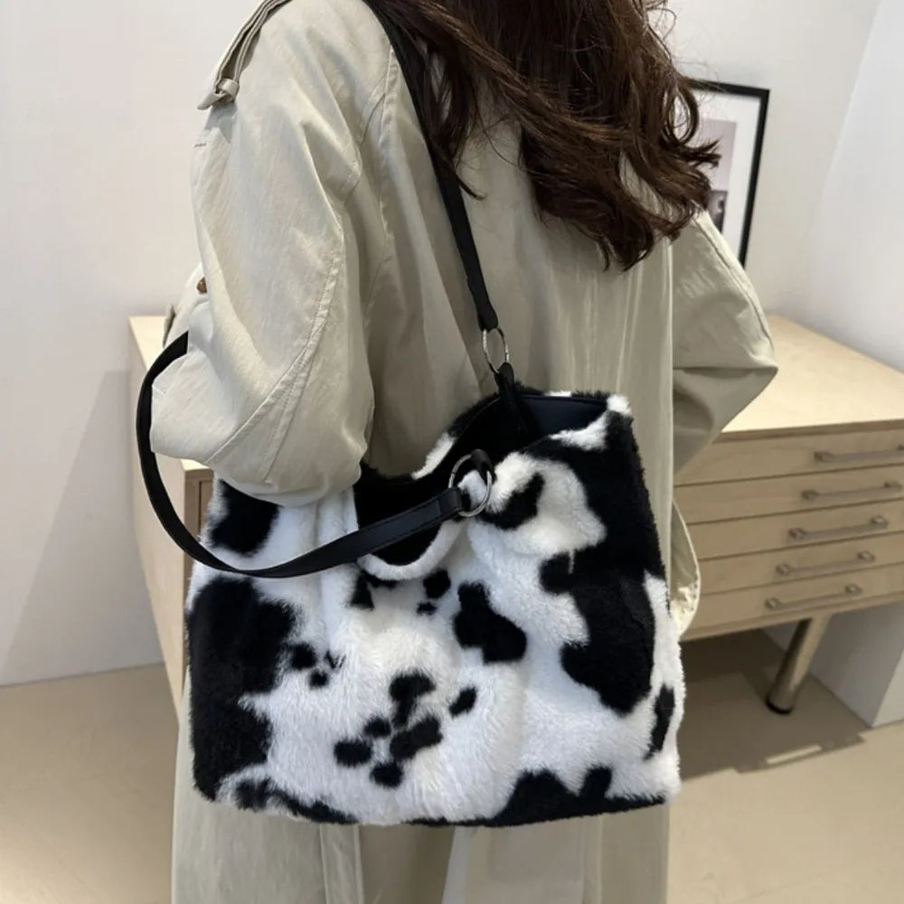 Cow Print Furry Tote Bag - Tote Bag by Trendsi | Available at Handbags Specialist Headquarter