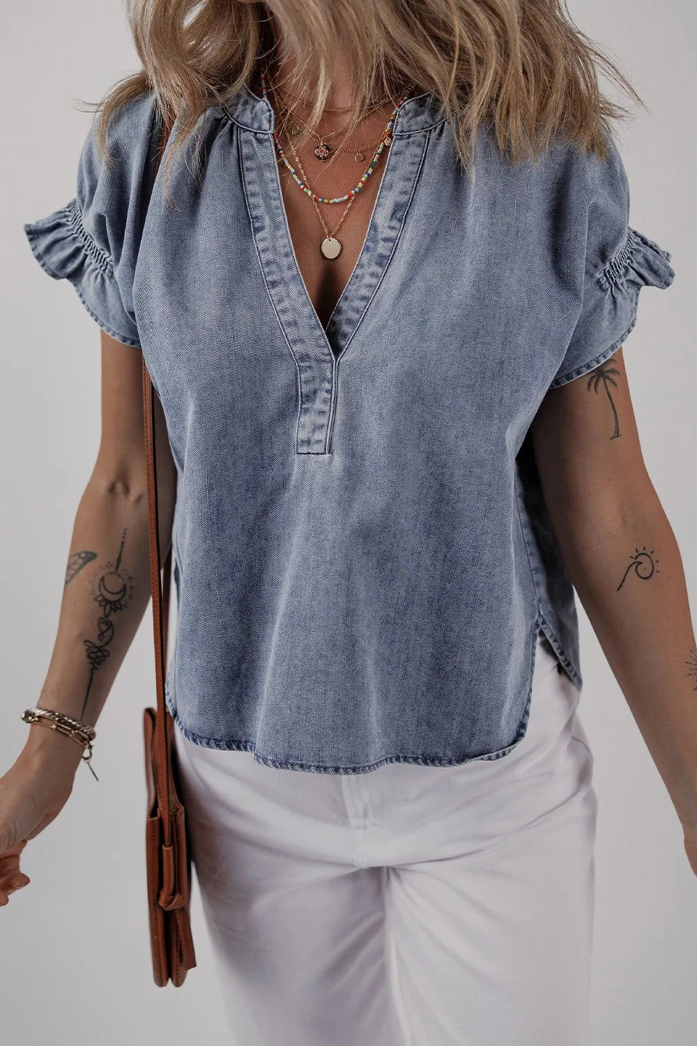 V Neck Ruffled Short Puff Sleeve Denim Top - Women / Jeans & Denim by Trendsi | Available at Handbags Specialist Headquarter