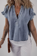 V Neck Ruffled Short Puff Sleeve Denim Top - Women / Jeans & Denim by Trendsi | Available at Handbags Specialist Headquarter