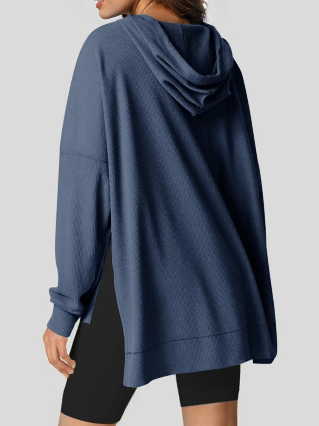 Slit Drawstring Waffle Knit Hoodie - Tops by Trendsi | Available at Handbags Specialist Headquarter