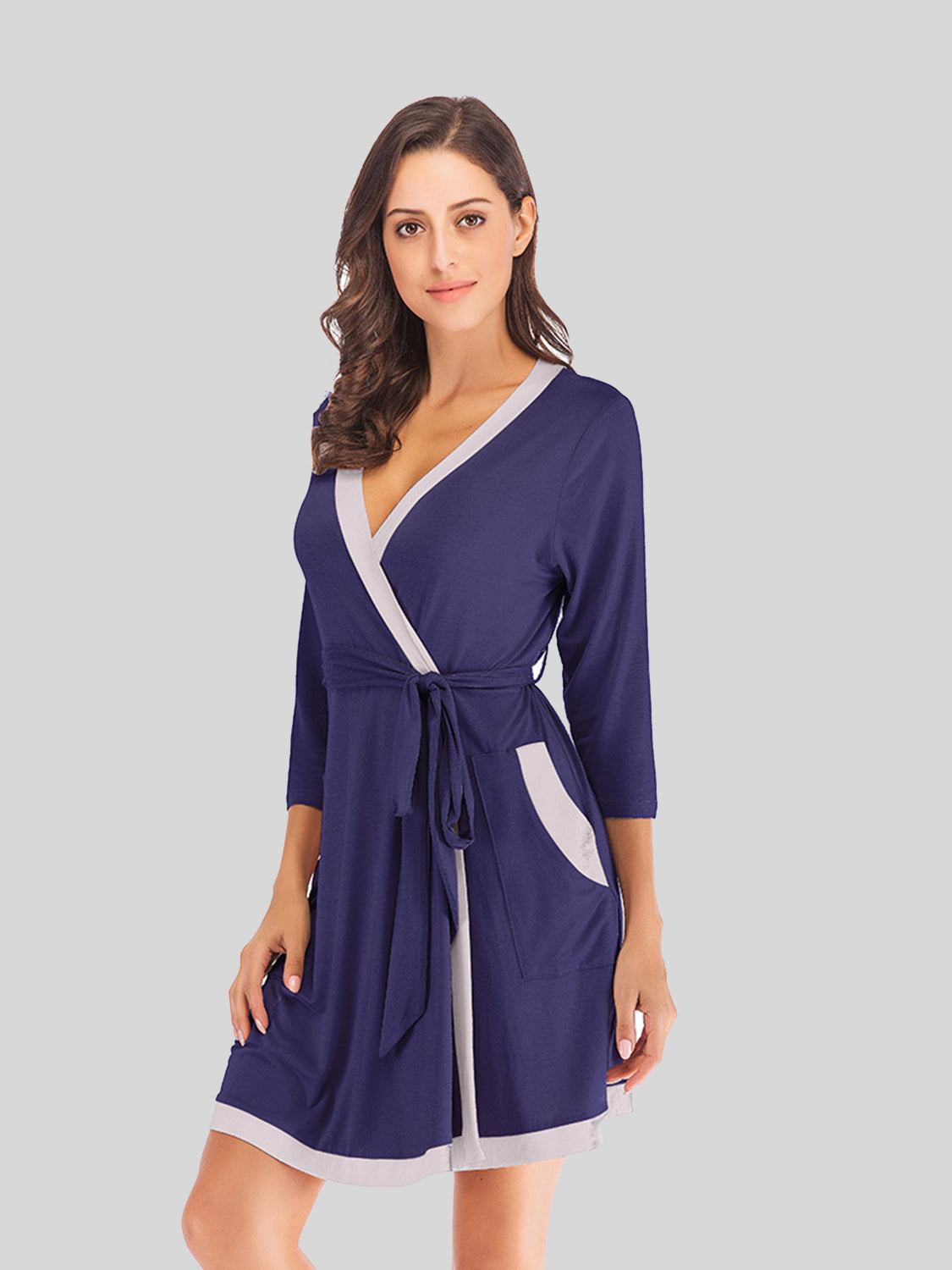 Tie Waist Surplice Neck Robe with Pockets - Sleepwear by Trendsi | Available at Handbags Specialist Headquarter