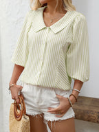 Striped Button Down 3/4 Sleeve Shirt - Women's Down Shirt Tops by Trendsi | Available at Handbags Specialist Headquarter