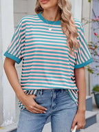 Striped Round Neck Half Sleeve T-Shirt - Women / Tops by Trendsi | Available at Handbags Specialist Headquarter