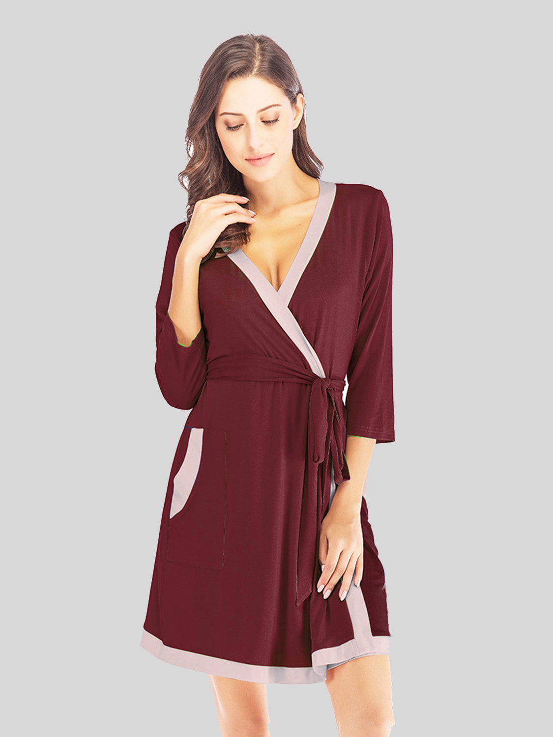 Tie Waist Surplice Neck Robe with Pockets - Sleepwear by Trendsi | Available at Handbags Specialist Headquarter