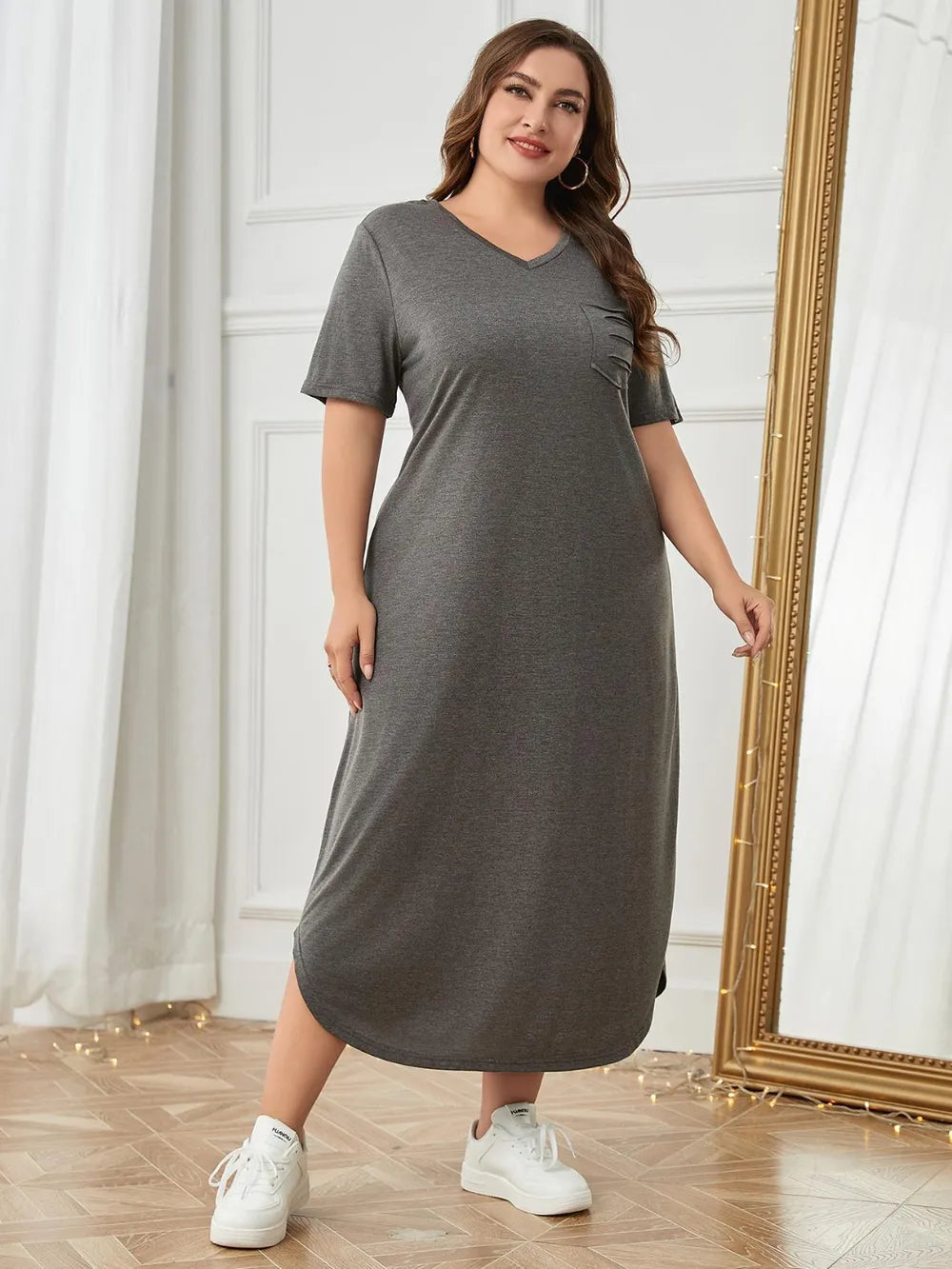 Plus Size Pocketed V-Neck Short Sleeve Lounge Dress - Sleepwear by Trendsi | Available at Handbags Specialist Headquarter