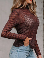 Sheer Mesh Patterned Lettuce Trim Slim Long Sleeve Top - Tops by Trendsi | Available at Handbags Specialist Headquarter