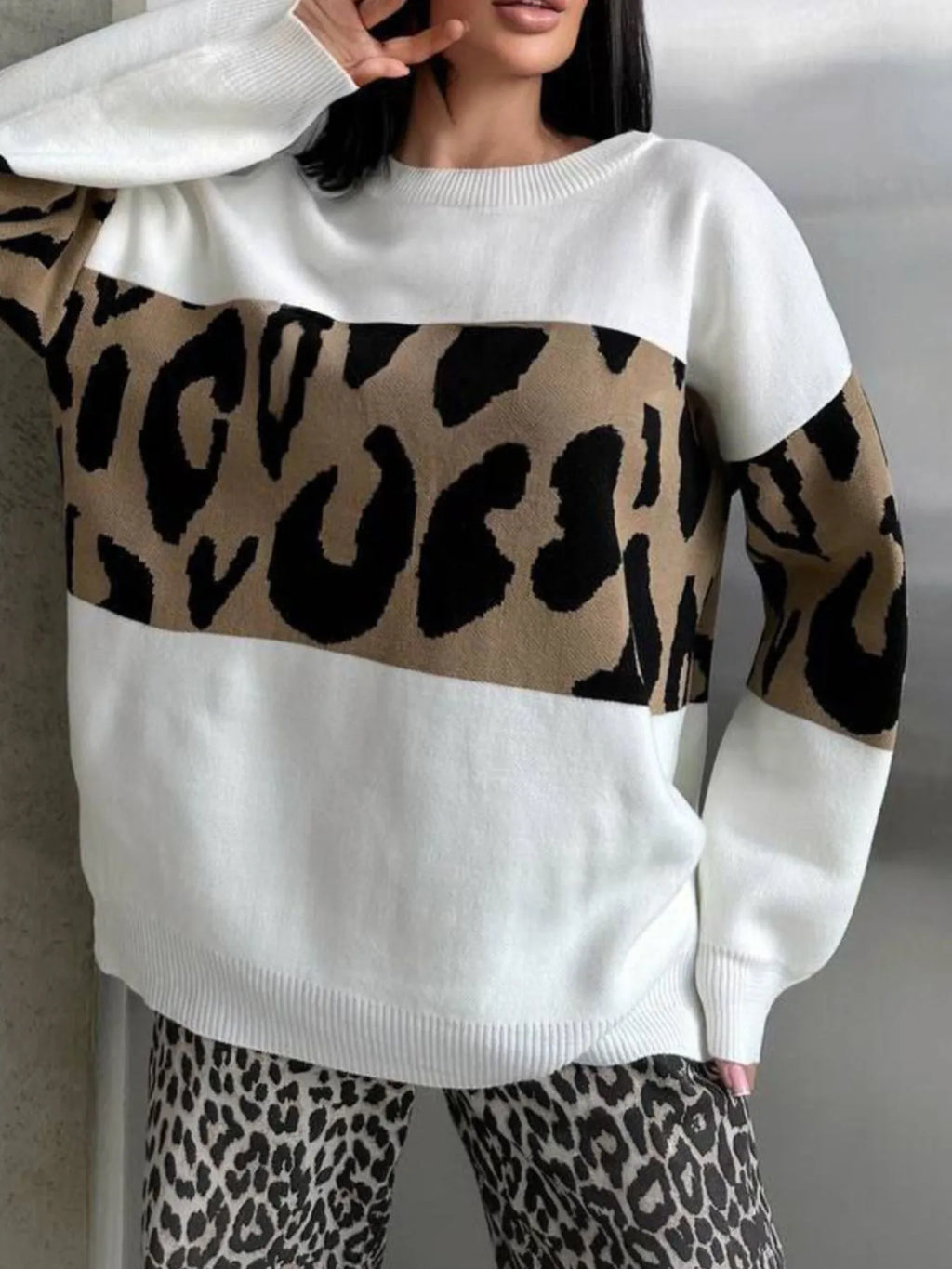 Leopard Color Block Round Neck Sweater - Tops by Trendsi | Available at Handbags Specialist Headquarter