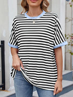 Striped Round Neck Half Sleeve T-Shirt - Women / Tops by Trendsi | Available at Handbags Specialist Headquarter