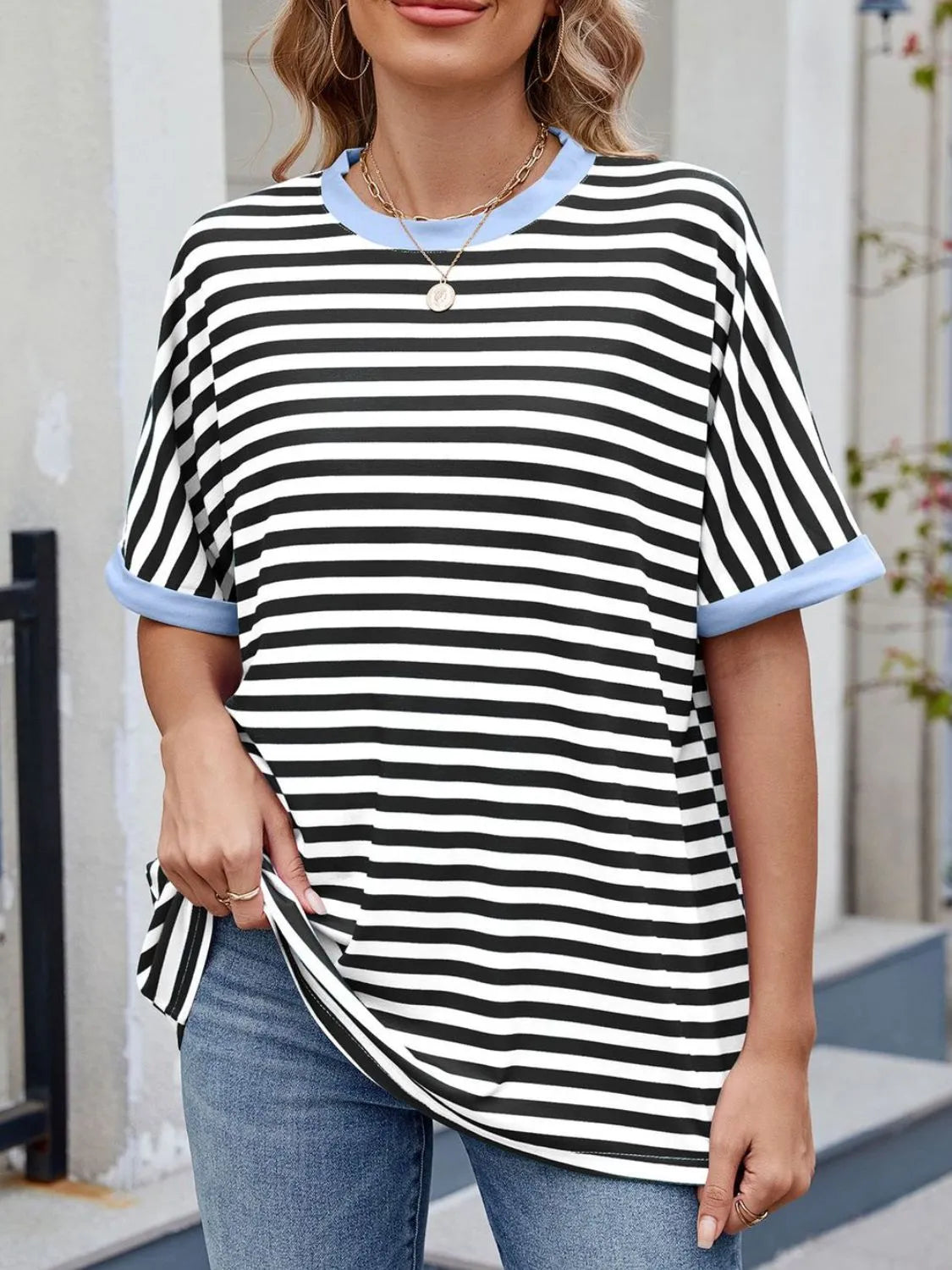 Striped Round Neck Half Sleeve T-Shirt - Women / Tops by Trendsi | Available at Handbags Specialist Headquarter