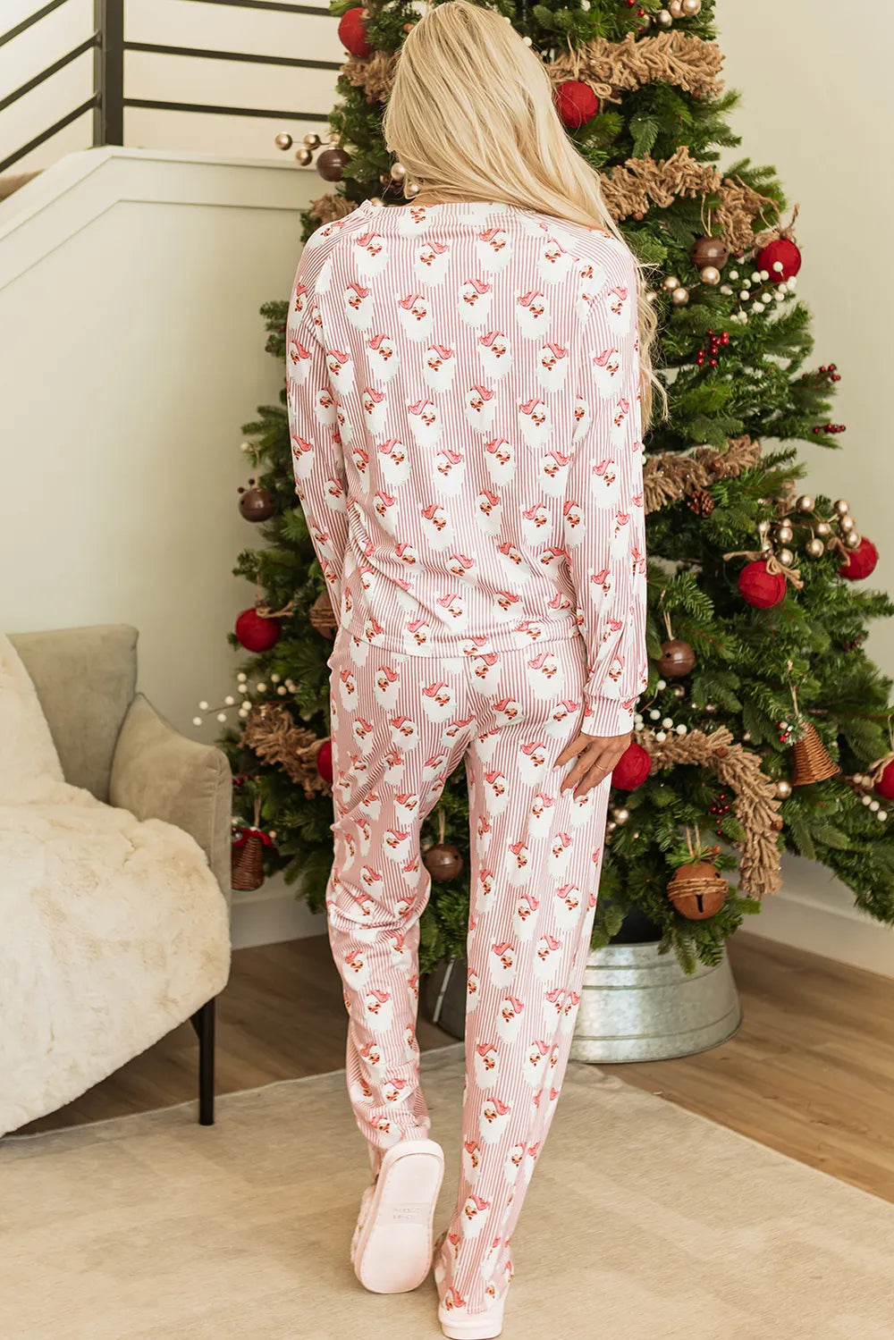 Santa Print Long Sleeve Top and Pants Lounge Set - Sleepwear by Trendsi | Available at Handbags Specialist Headquarter