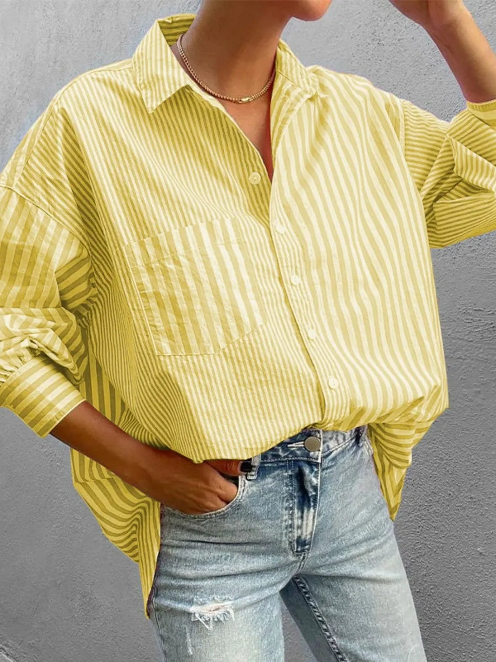 Striped Button Down Long Sleeve Shirt - Women's Down Shirt Tops by Trendsi | Available at Handbags Specialist Headquarter