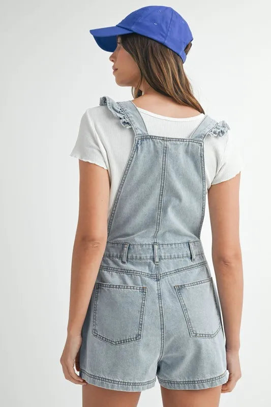MABLE Square Neck Ruffle Shoulder Denim Overall Romper - Women / Jeans & Denim by Trendsi | Available at Handbags Specialist Headquarter
