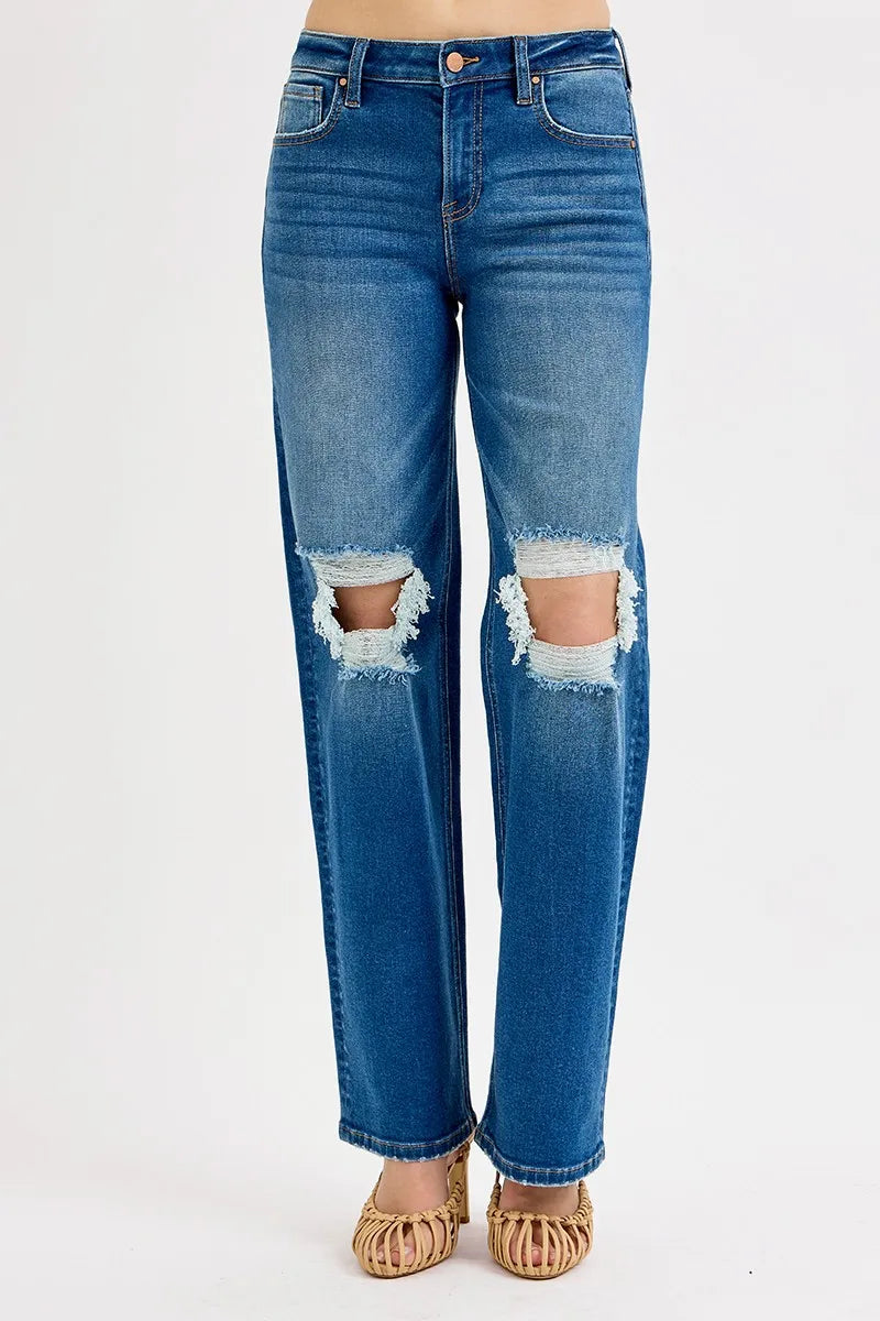 RISEN Full Size Mid Waist Fit Boyfriend Knee Distressed Jeans Plus Size - Women / Jeans & Denim by Trendsi | Available at Handbags Specialist Headquarter