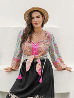 Plus Size Tie Neck Tassel Printed Blouse - Plus Size Shirts by Trendsi | Available at Handbags Specialist Headquarter