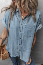 Folded Short Sleeve Patched Pocket Denim Shirt - Women / Jeans & Denim by Trendsi | Available at Handbags Specialist Headquarter