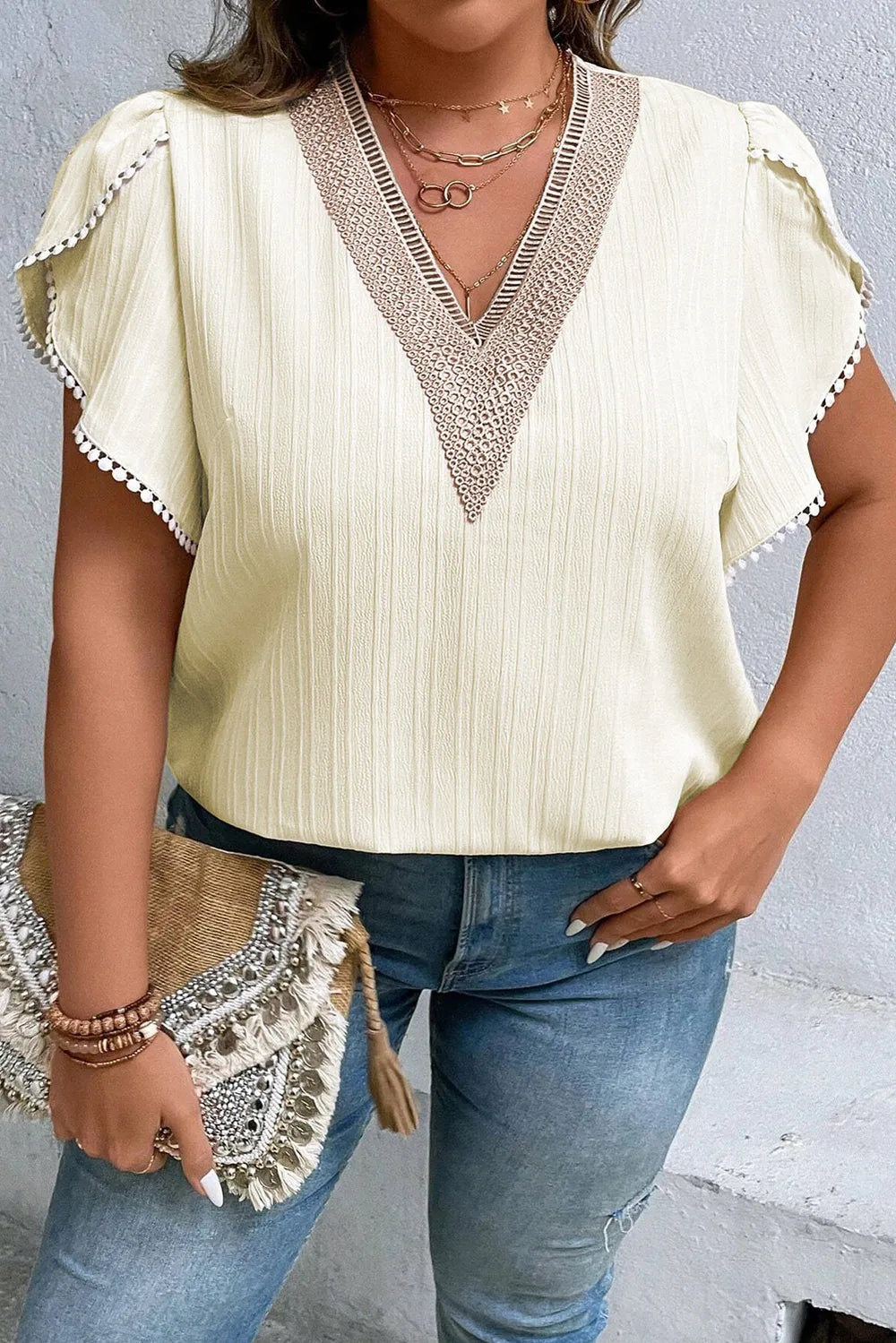 Plus Size V-Neck Petal Sleeve Blouse - Plus Size Shirts by Trendsi | Available at Handbags Specialist Headquarter