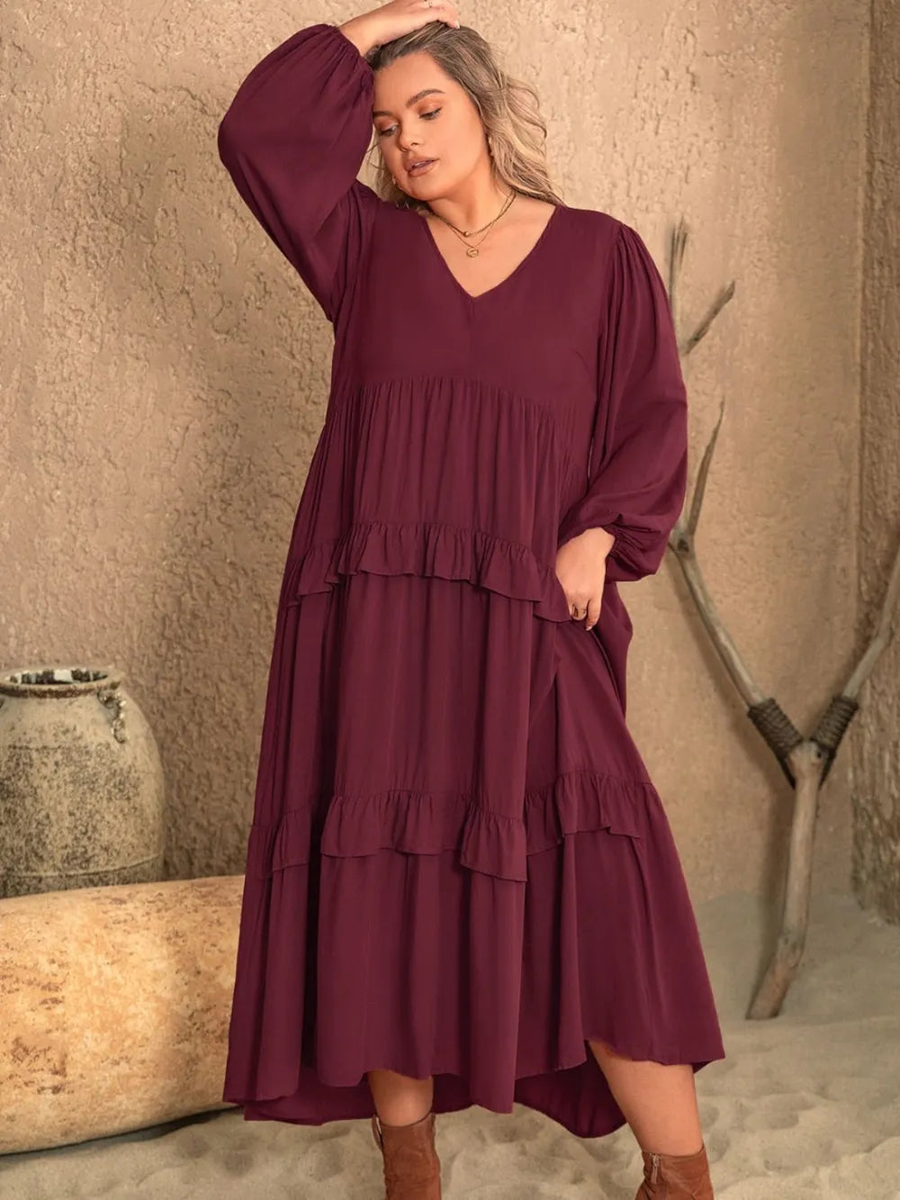 Plus Size Ruffled V-Neck Long Sleeve Dress - Dresses by Trendsi | Available at Handbags Specialist Headquarter