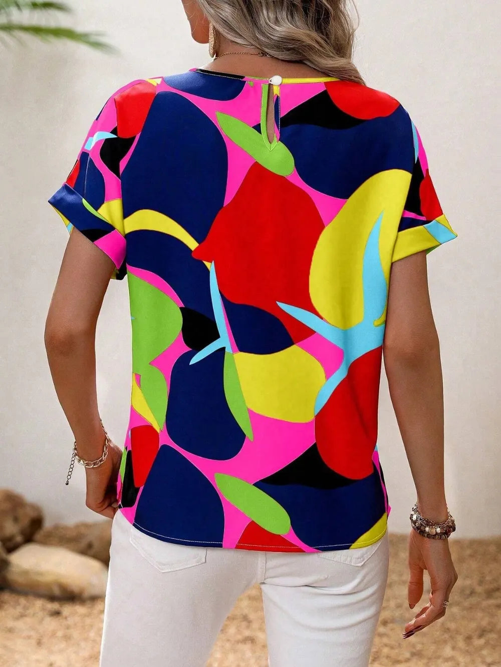 Contrast Round Neck Short Sleeve Blouse - Tops by Trendsi | Available at Handbags Specialist Headquarter