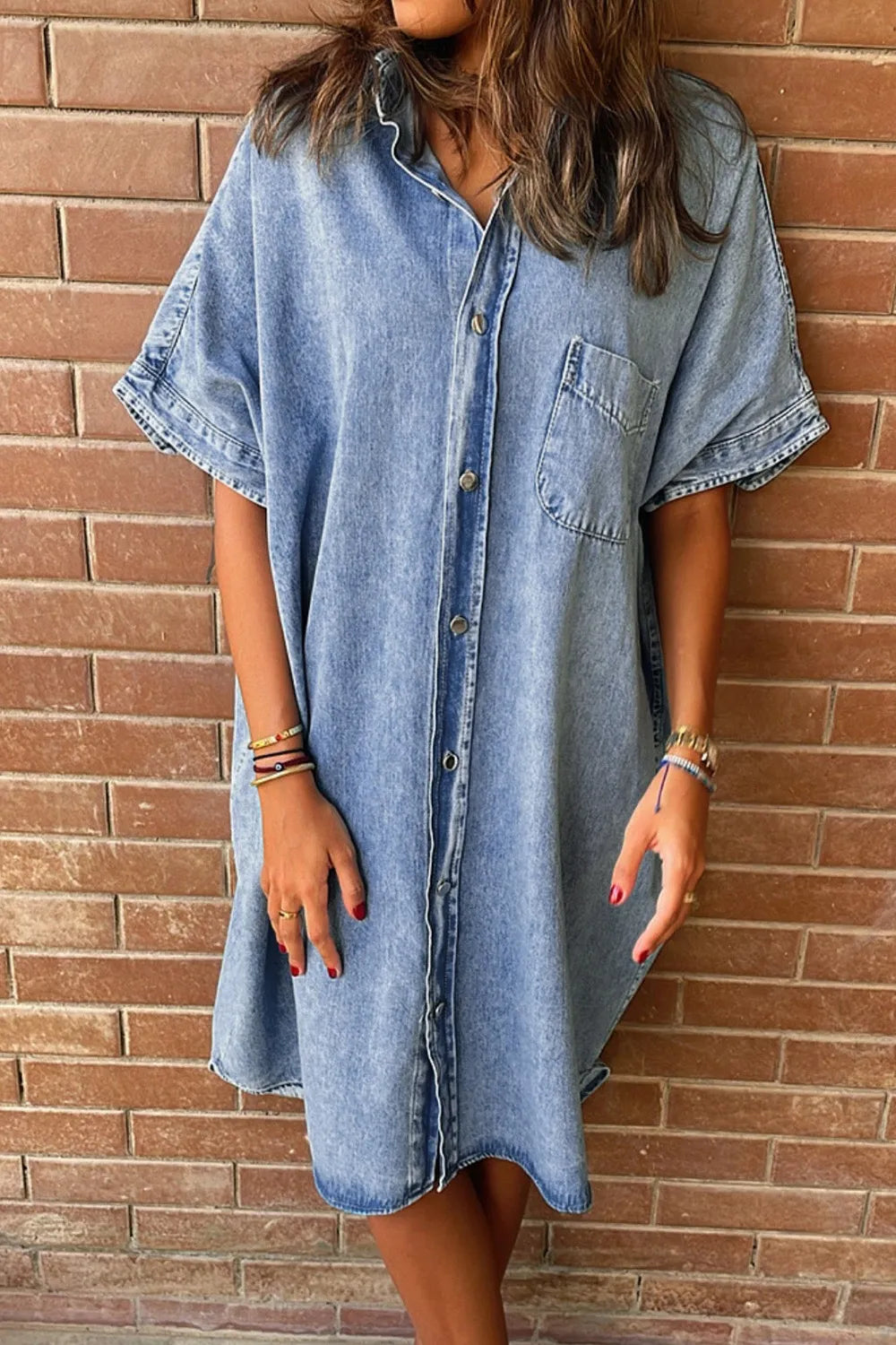 Oversized Button Down Denim Shirt Dress - Women / Jeans & Denim by Trendsi | Available at Handbags Specialist Headquarter