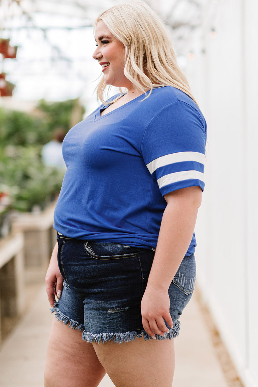 Plus Size Striped V-Neck Tee Shirt - Plus Size Shirts by Trendsi | Available at Handbags Specialist Headquarter