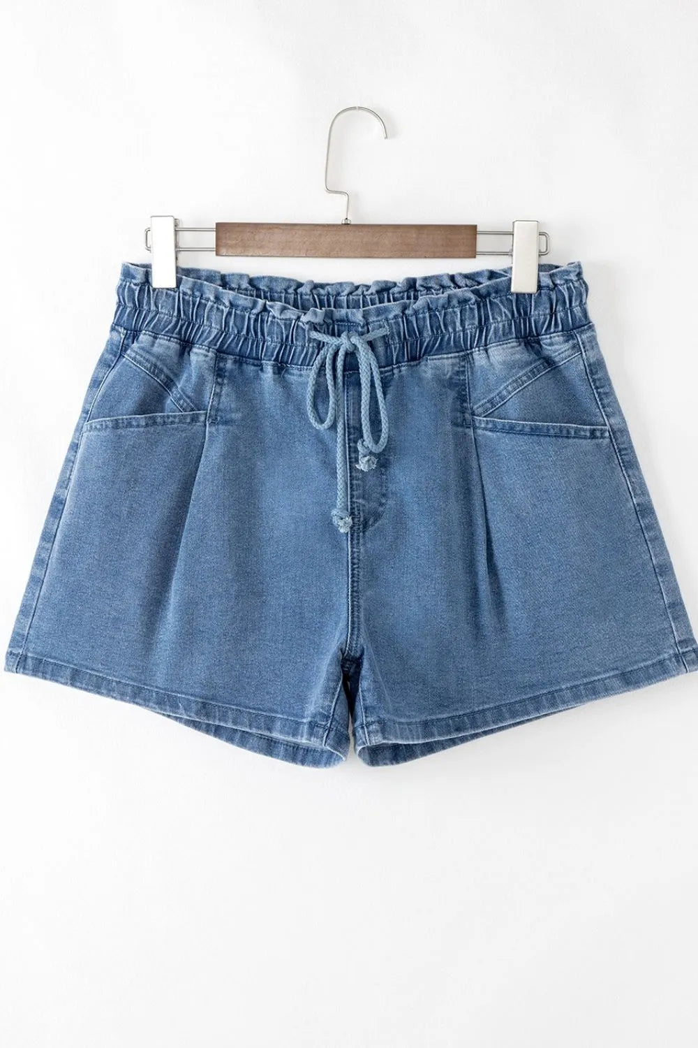 Drawstring High Waist Denim Shorts with Pockets - Women / Jeans & Denim by Trendsi | Available at Handbags Specialist Headquarter