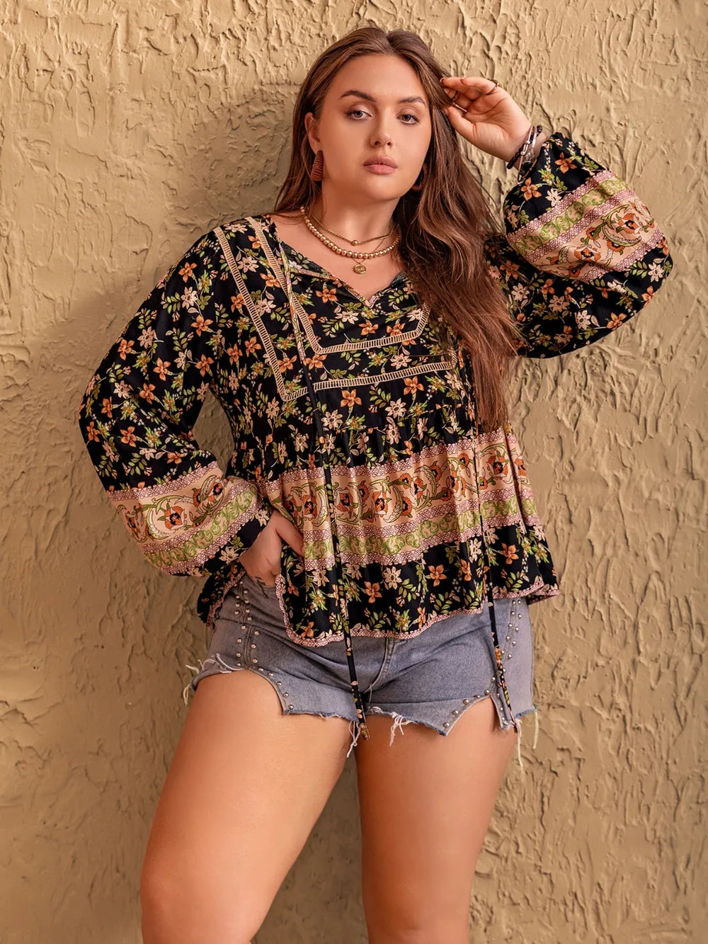 Plus Size Printed Tie Neck Balloon Sleeve Blouse - Plus Size Shirts by Trendsi | Available at Handbags Specialist Headquarter