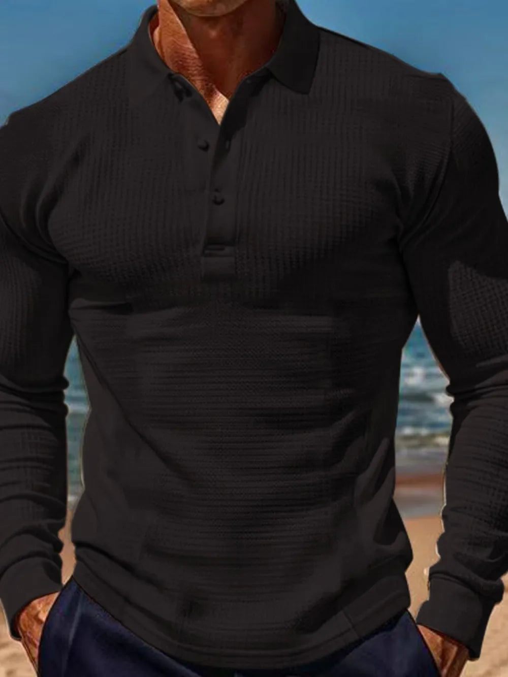Men's Full Size Waffle-Knit Quarter Button Polo Plus Size - Men's Polo shirt by Trendsi | Available at Handbags Specialist Headquarter