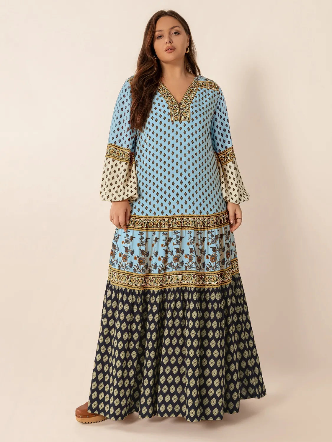 Plus Size Printed V-Neck Balloon Sleeve Maxi Dress - Dresses by Trendsi | Available at Handbags Specialist Headquarter