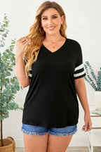 Plus Size Striped V-Neck Tee Shirt - Plus Size Shirts by Trendsi | Available at Handbags Specialist Headquarter