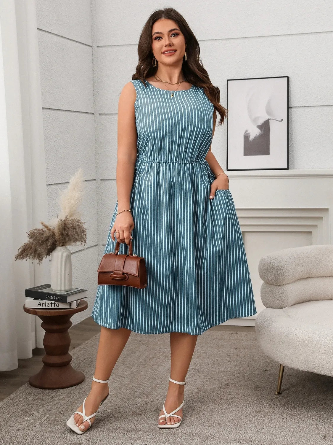 Plus Size Striped Round Neck Sleeveless Dress - Dresses by Trendsi | Available at Handbags Specialist Headquarter
