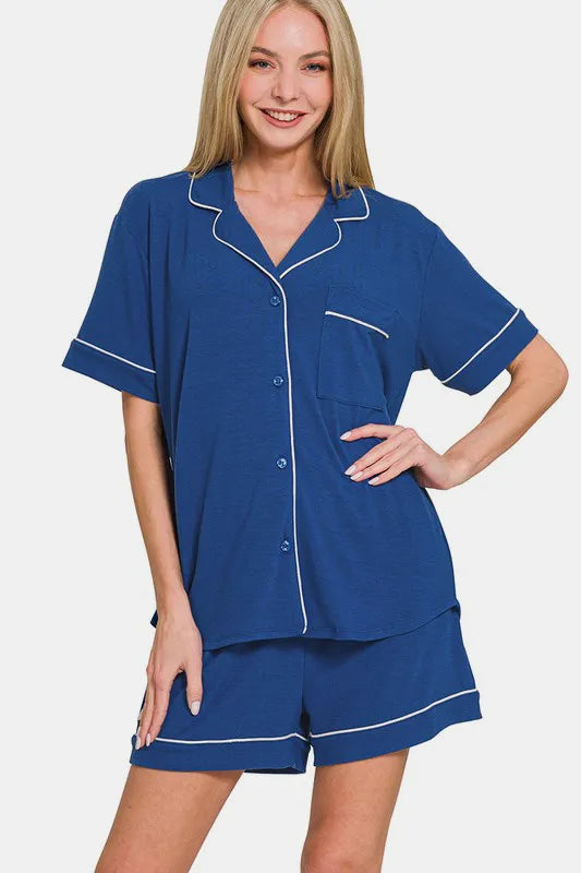 Zenana Button Down Short Sleeve Top and Shorts Lounge Set - Sleepwear by Trendsi | Available at Handbags Specialist Headquarter