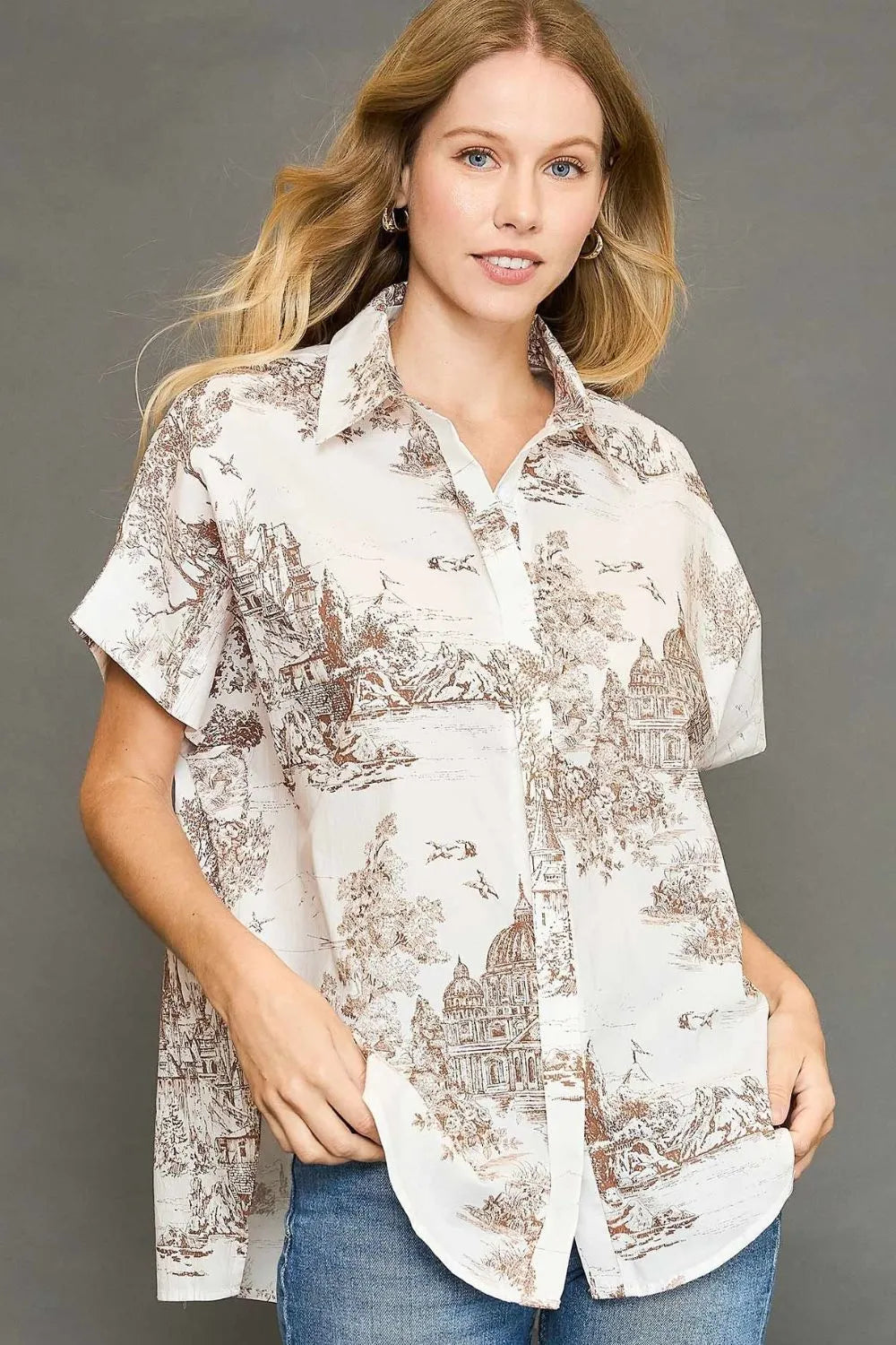 Umgee Full Size Two Tone Print Button Up Short Sleeve Shirt Plus Size - Dresses by Trendsi | Available at Handbags Specialist Headquarter
