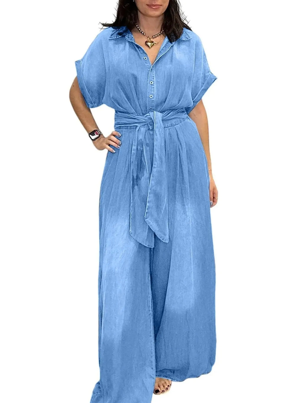 Button Front Wide Leg Denim Jumpsuit - Women / Jeans & Denim by Trendsi | Available at Handbags Specialist Headquarter