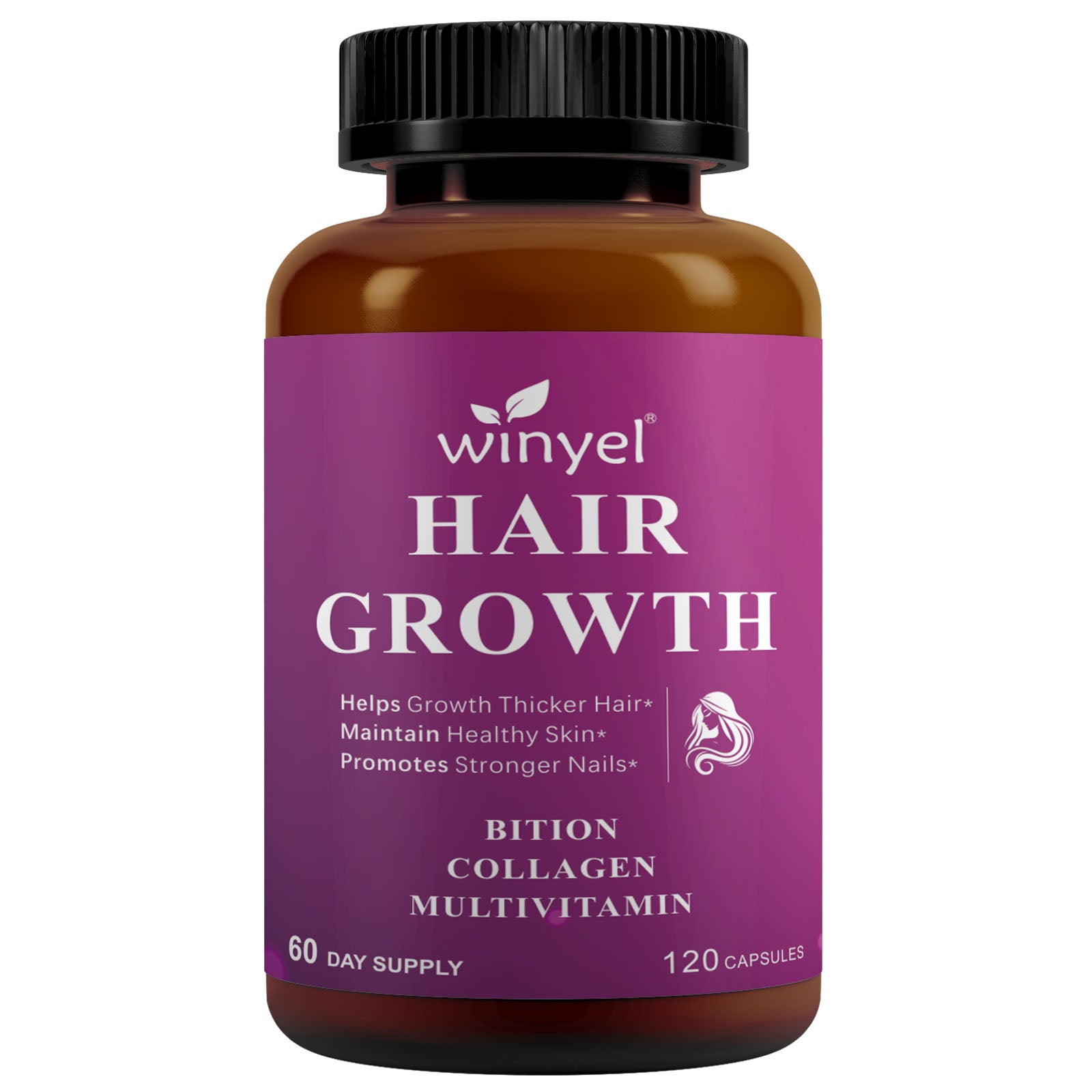 Brown bottle with a purple label for "Hair Growth" vitamins, featuring a black cap.