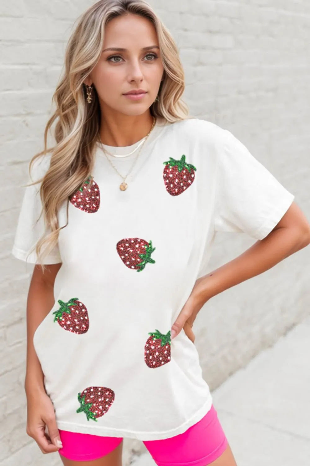 Sequin Strawberry Crew Neck Short Sleeve T Shirt - Tops by Trendsi | Available at Handbags Specialist Headquarter