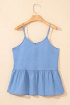 Ruffled Spaghetti Straps Denim Tank Top - Women / Jeans & Denim by Trendsi | Available at Handbags Specialist Headquarter