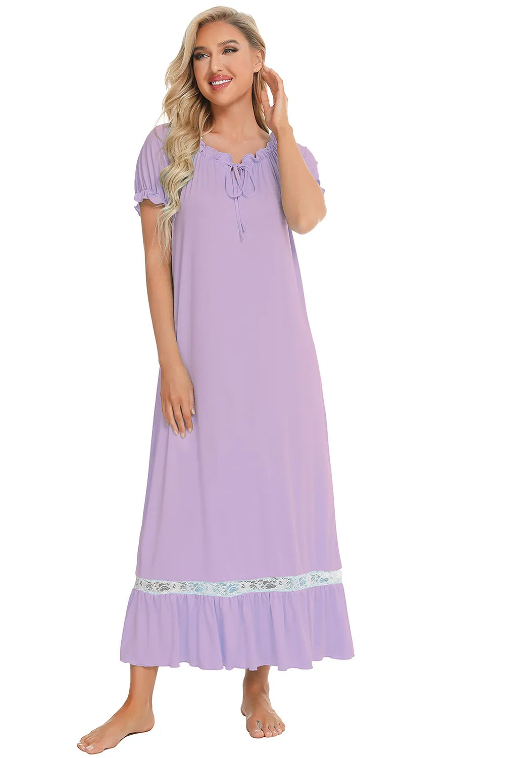 Lace Detail Short Sleeve Lounge Dress - Sleepwear by Trendsi | Available at Handbags Specialist Headquarter