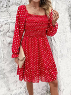 Smocked Polka Dot Long Sleeve Dress - Dresses by Trendsi | Available at Handbags Specialist Headquarter