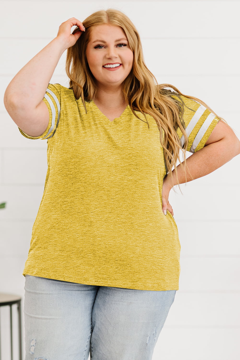 Plus Size Striped V-Neck Tee Shirt - Plus Size Shirts by Trendsi | Available at Handbags Specialist Headquarter