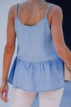 Ruffled Spaghetti Straps Denim Tank Top - Women / Jeans & Denim by Trendsi | Available at Handbags Specialist Headquarter