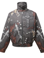 Men's Gothic Cross Print Distressed Denim Jacket - Men's jackets by Trendsi | Available at Handbags Specialist Headquarter
