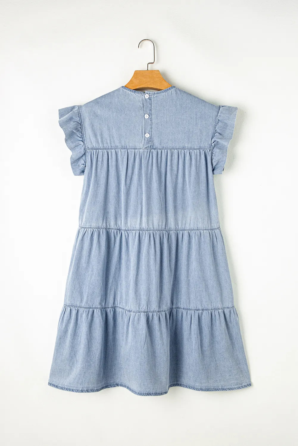 Ruffle Cap Sleeve Tiered A-line Denim Dress - Women / Jeans & Denim by Trendsi | Available at Handbags Specialist Headquarter