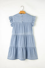 Ruffle Cap Sleeve Tiered A-line Denim Dress - Women / Jeans & Denim by Trendsi | Available at Handbags Specialist Headquarter