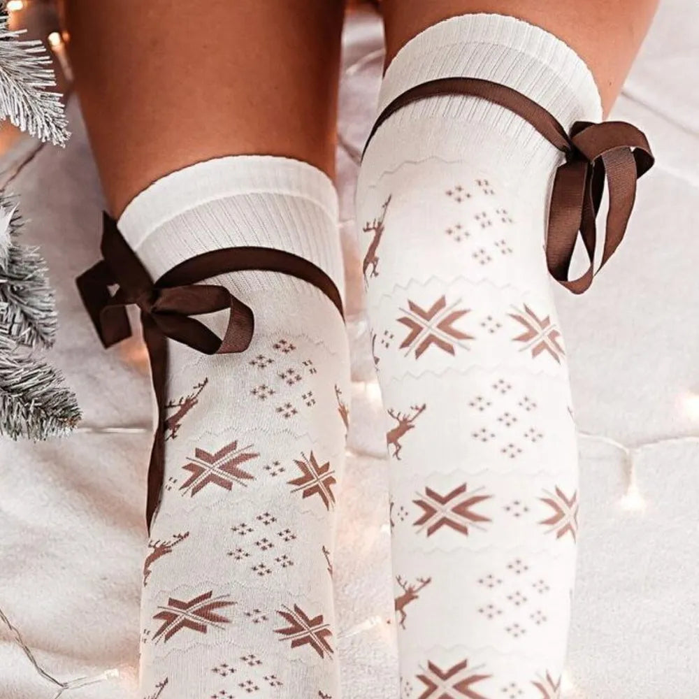 Christmas Element Bowknot Ribbed Trim Over Knee Stockings - Sleepwear by Trendsi | Available at Handbags Specialist Headquarter