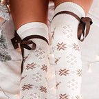 Christmas Element Bowknot Ribbed Trim Over Knee Stockings - Sleepwear by Trendsi | Available at Handbags Specialist Headquarter