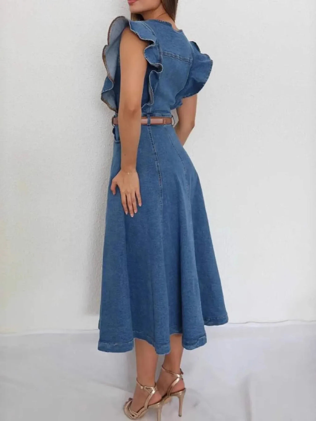 Button-Front Ruffle Sleeve Denim Midi Dress - Women / Jeans & Denim by Trendsi | Available at Handbags Specialist Headquarter