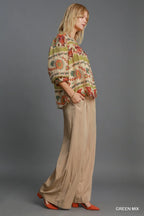 Umgee Full Size Border Print Notched 3/4 Puff Sleeve Blouse Plus Size - Dresses by Trendsi | Available at Handbags Specialist Headquarter