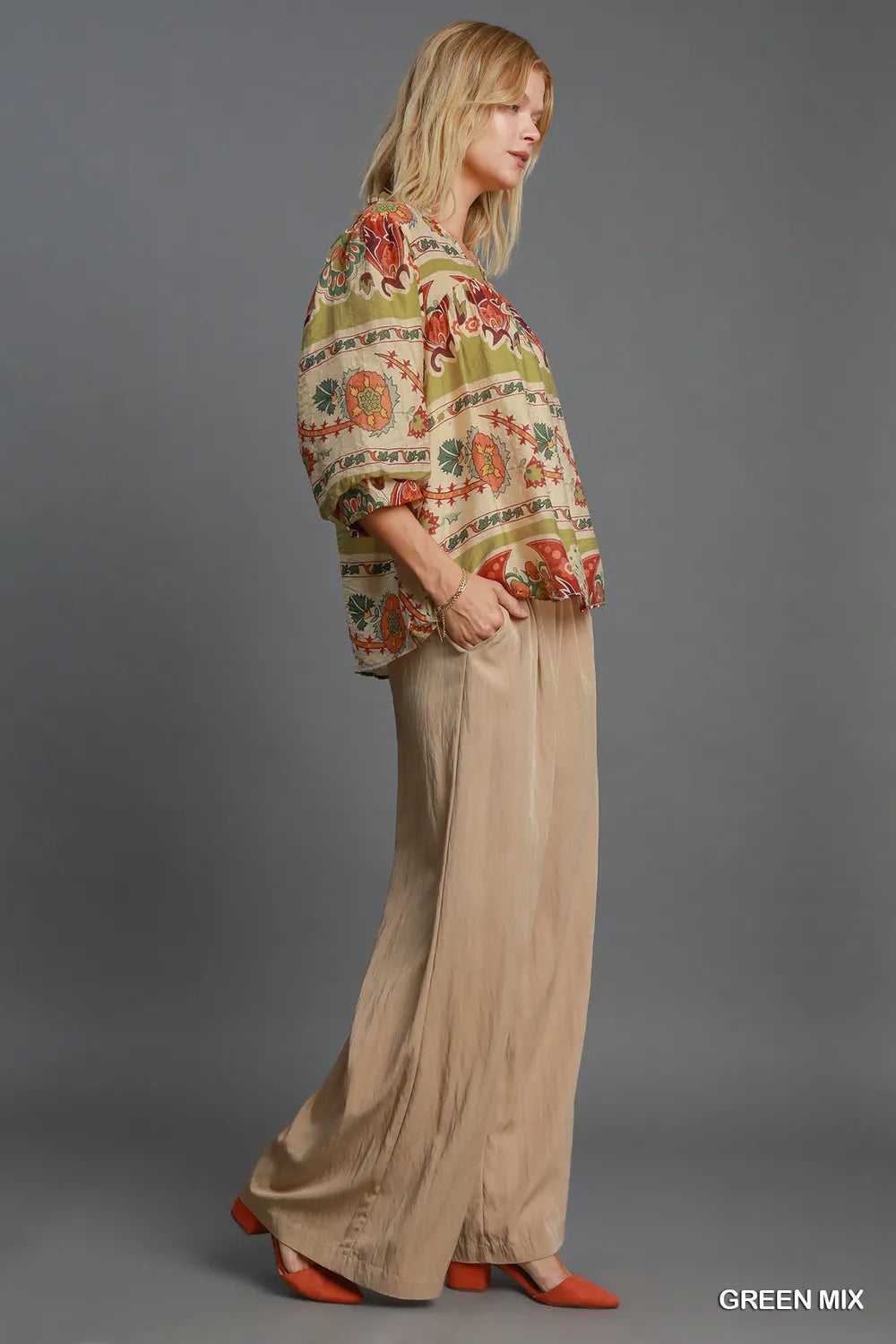 Umgee Full Size Border Print Notched 3/4 Puff Sleeve Blouse Plus Size - Dresses by Trendsi | Available at Handbags Specialist Headquarter