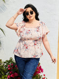 Plus Size Frill Printed Flutter Sleeve Blouse - Plus Size Shirts by Trendsi | Available at Handbags Specialist Headquarter