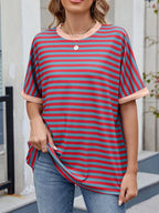 Striped Round Neck Half Sleeve T-Shirt - Women / Tops by Trendsi | Available at Handbags Specialist Headquarter